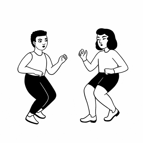 Animated black and white GIF by Laurène Boglio: two figures dance while their heads pop off and swap bodies on a loop. Header for “Engage, Bitches!” Credit: Laurène Boglio
