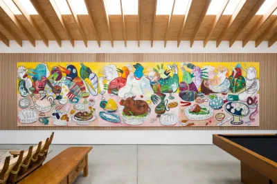 Installation view of Two of Us presented by Simchowitz at Hill House Pasadena featuring works by Andrey Samarin and Lera Derkach, including vecheria by Lera Derkach.